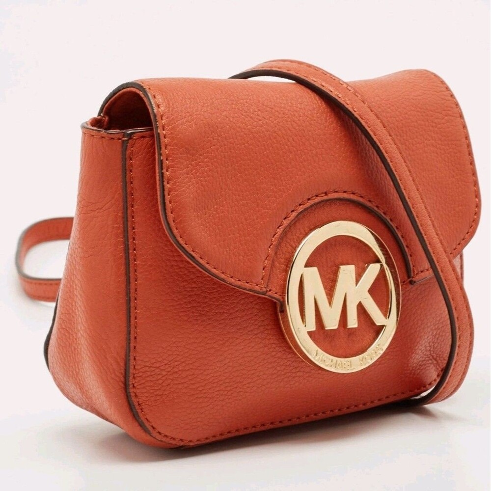 Rare MICHAEL KORS Fulton Orange LEATHER Mini MK CROSSBODY Bag VHTF EUC